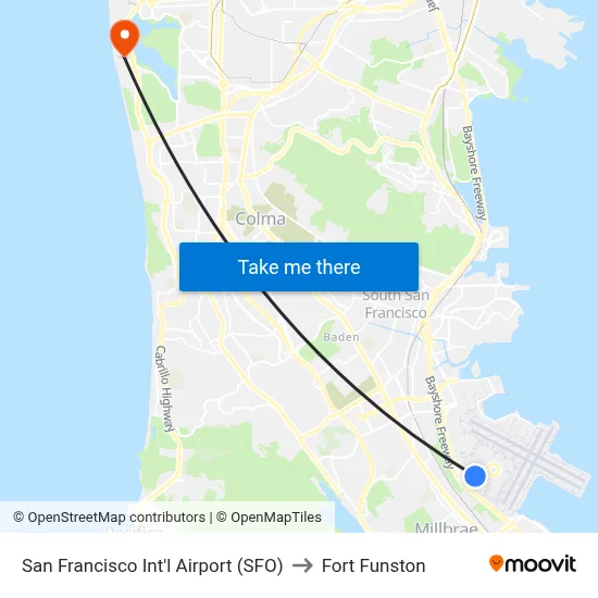 San Francisco Int'l Airport (SFO) to Fort Funston map