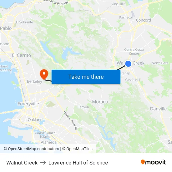 Walnut Creek to Lawrence Hall of Science map