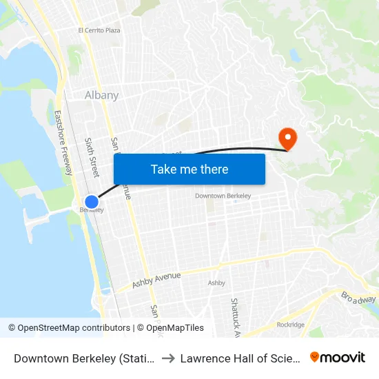 Downtown Berkeley (Station) to Lawrence Hall of Science map