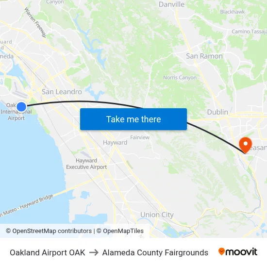 Oakland Airport OAK to Alameda County Fairgrounds map