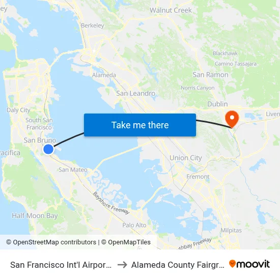 San Francisco Int'l Airport (SFO) to Alameda County Fairgrounds map