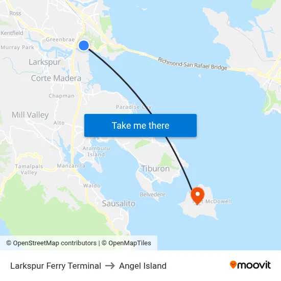 Larkspur Ferry Terminal to Angel Island map