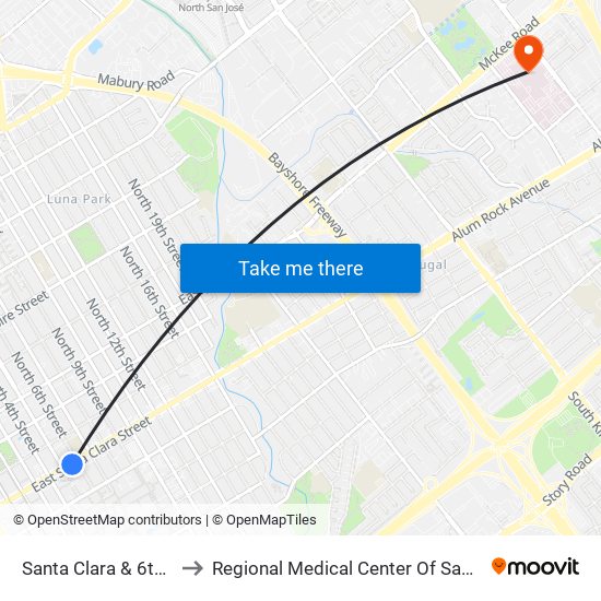 Santa Clara & 6th (E) to Regional Medical Center Of San Jose map