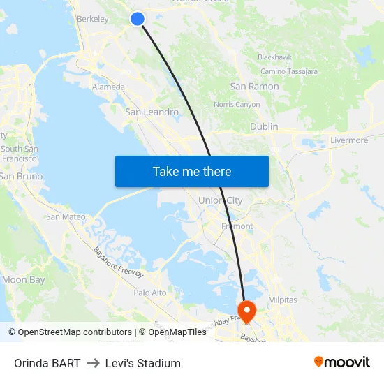 Orinda BART to Levi's Stadium map