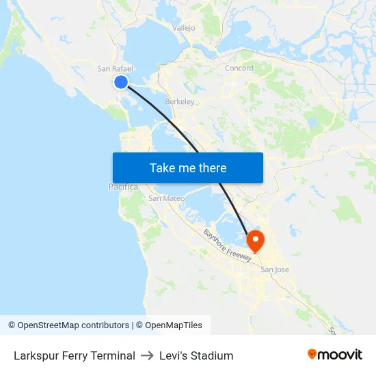Larkspur Ferry Terminal to Levi's Stadium map
