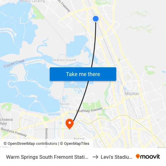 Warm Springs South Fremont Station to Levi's Stadium map