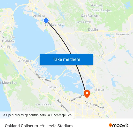 Oakland Coliseum to Levi's Stadium map