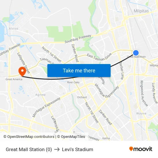 Great Mall Station (0) to Levi's Stadium map