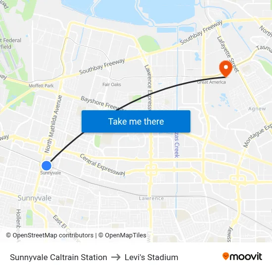 Sunnyvale Caltrain Station to Levi's Stadium map