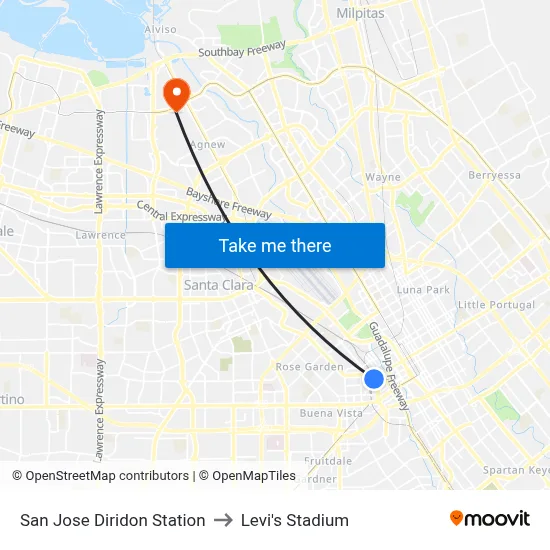 San Jose Diridon Station to Levi's Stadium map