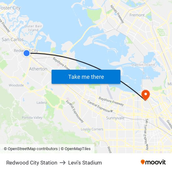 Redwood City Station to Levi's Stadium map