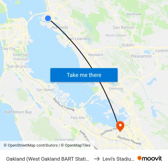 Oakland (West Oakland BART Station) to Levi's Stadium map