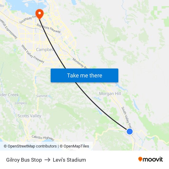 Gilroy Bus Stop to Levi's Stadium map