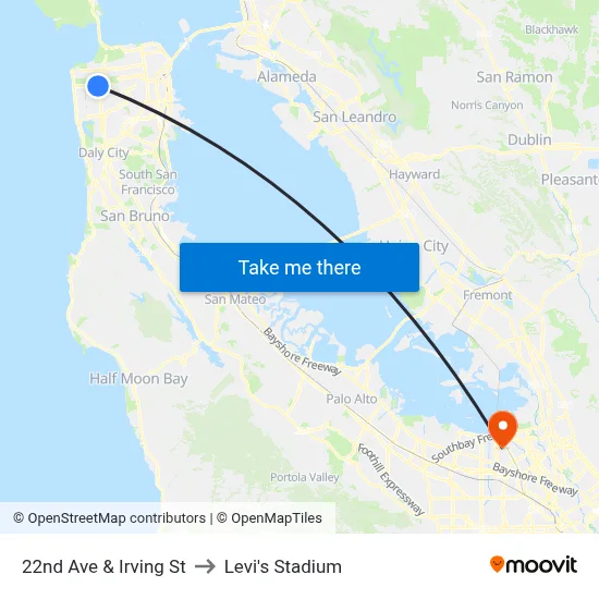 22nd Ave & Irving St to Levi's Stadium map