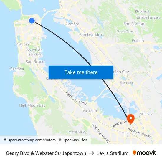 Geary Blvd & Webster St/Japantown to Levi's Stadium map