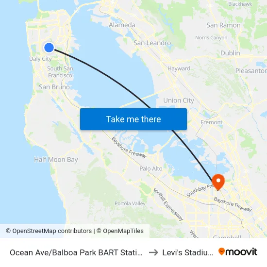 Ocean Ave/Balboa Park BART Station to Levi's Stadium map