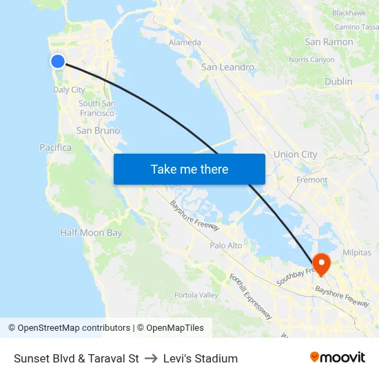 Sunset Blvd & Taraval St to Levi's Stadium map