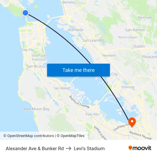 Alexander Ave & Bunker Rd to Levi's Stadium map