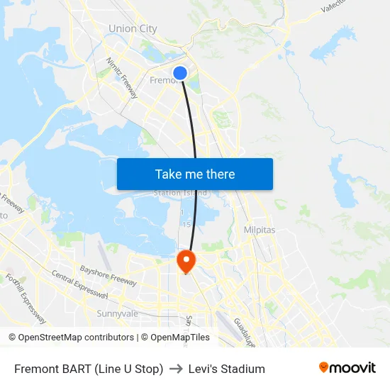 Fremont BART (Line U Stop) to Levi's Stadium map