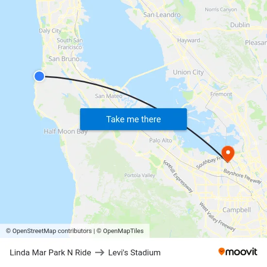 Linda Mar Park N Ride to Levi's Stadium map