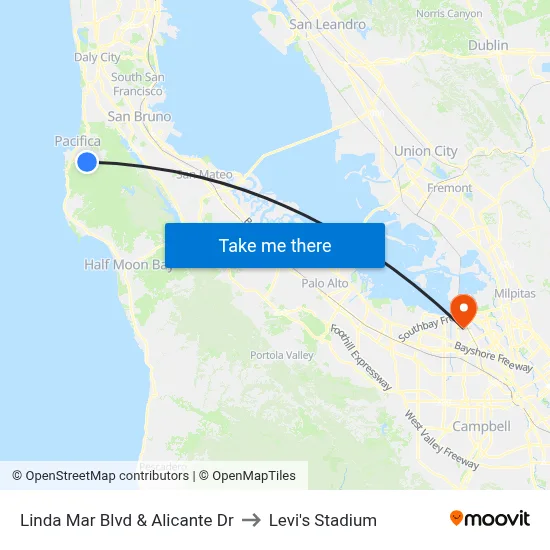 Linda Mar Blvd & Alicante Dr to Levi's Stadium map