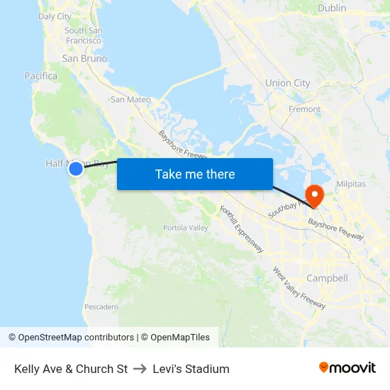Kelly Ave & Church St to Levi's Stadium map