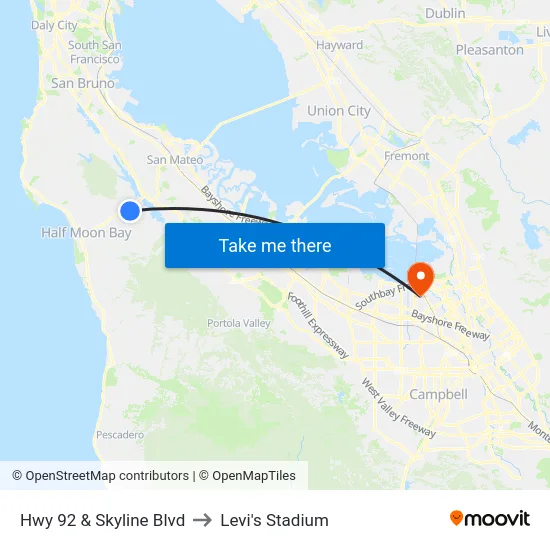 Hwy 92  & Skyline Blvd to Levi's Stadium map
