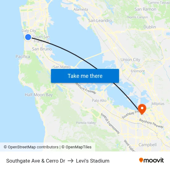 Southgate Ave & Cerro Dr to Levi's Stadium map