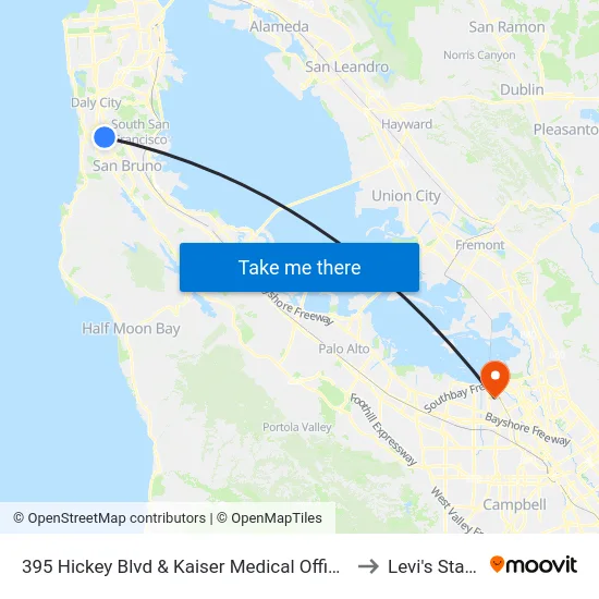 395 Hickey Blvd & Kaiser Medical Offices Driveway to Levi's Stadium map