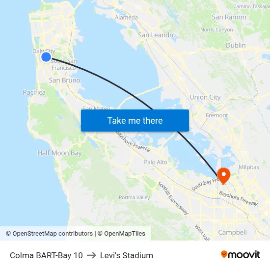Colma BART-Bay 10 to Levi's Stadium map