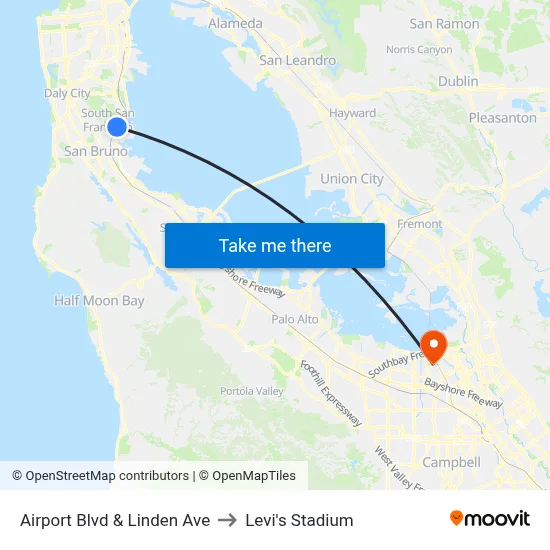 Airport Blvd & Linden Ave to Levi's Stadium map