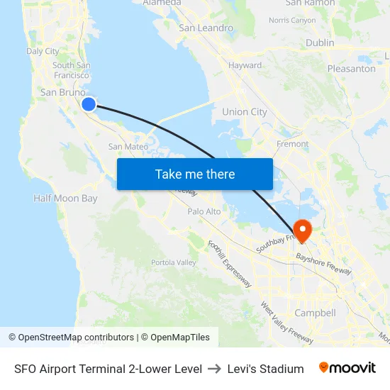 SFO Airport Terminal 2-Lower Level to Levi's Stadium map