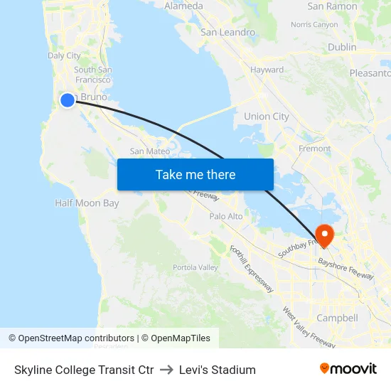 Skyline College Transit Ctr to Levi's Stadium map