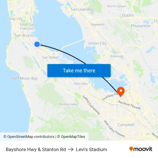 Bayshore Hwy & Stanton Rd to Levi's Stadium map