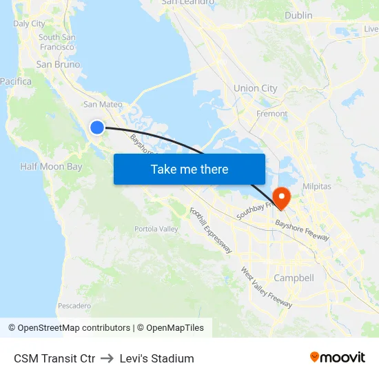 CSM Transit Ctr to Levi's Stadium map