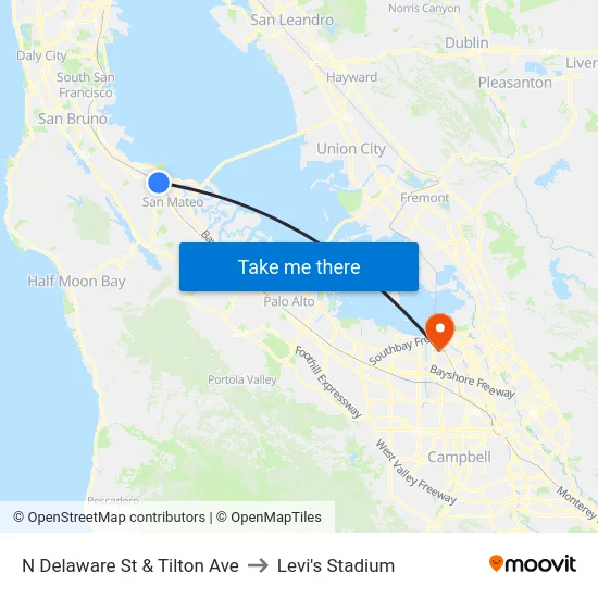 N Delaware St & Tilton Ave to Levi's Stadium map