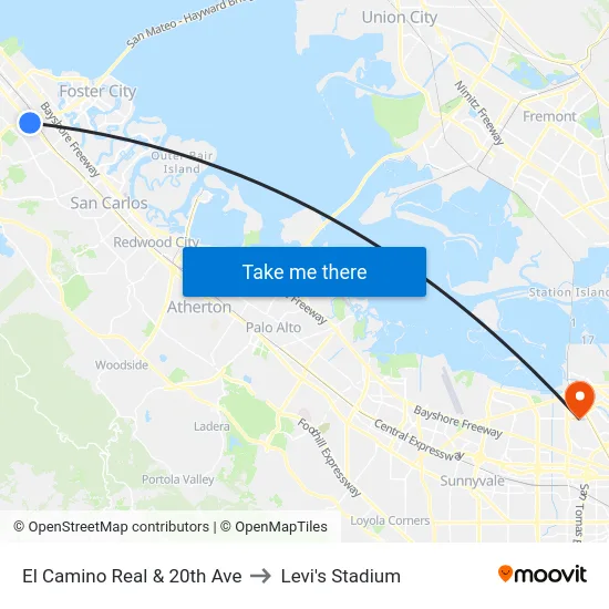 El Camino Real & 20th Ave to Levi's Stadium map