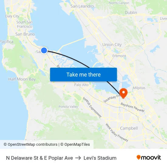 N Delaware St & E Poplar Ave to Levi's Stadium map