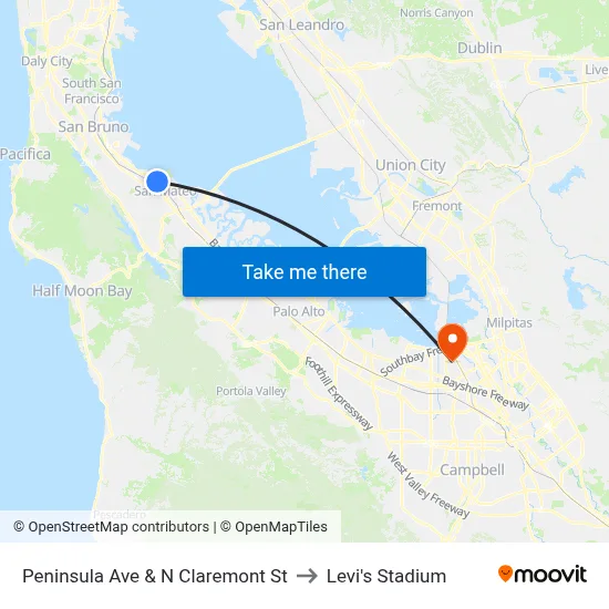 Peninsula Ave & N Claremont St to Levi's Stadium map