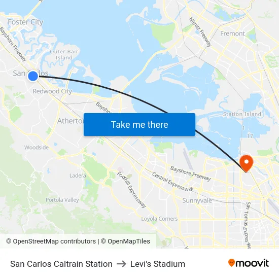 San Carlos Caltrain Station to Levi's Stadium map