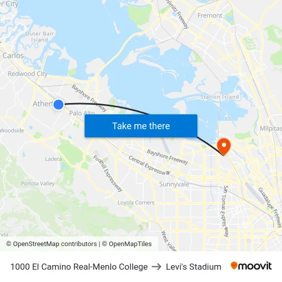 1000 El Camino Real-Menlo College to Levi's Stadium map