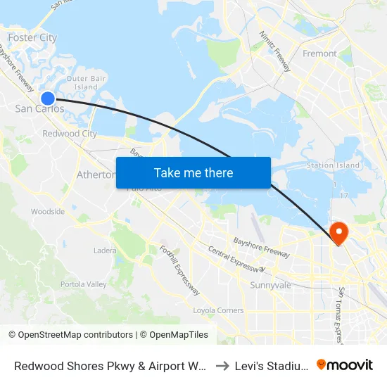 Redwood Shores Pkwy & Airport Way to Levi's Stadium map