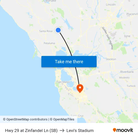 Hwy 29 at Zinfandel Ln (SB) to Levi's Stadium map