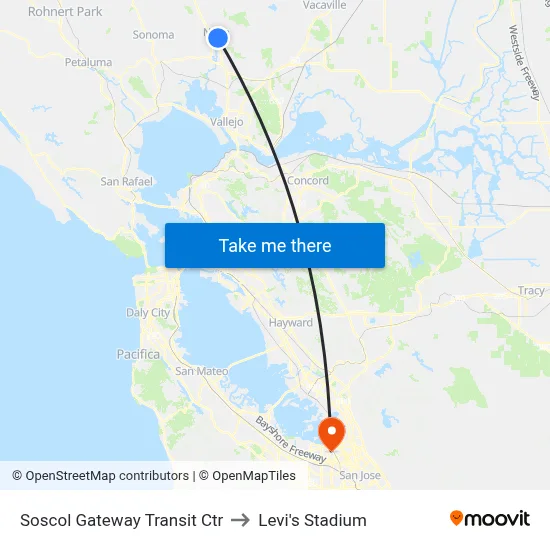 Soscol Gateway Transit Ctr to Levi's Stadium map