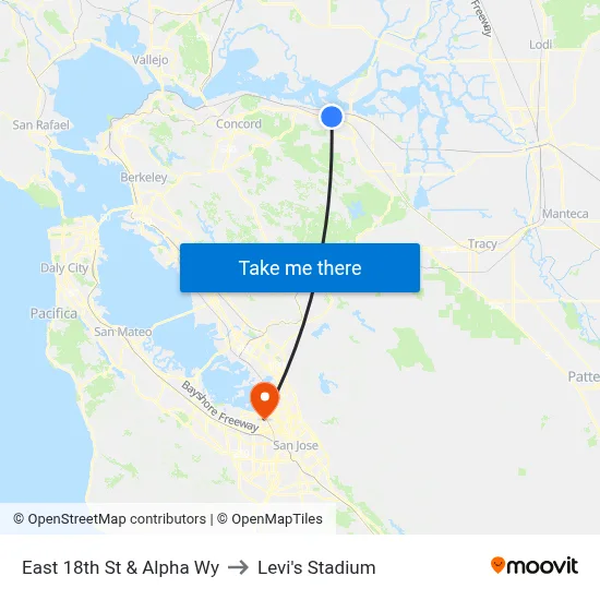 East 18th St & Alpha Wy to Levi's Stadium map
