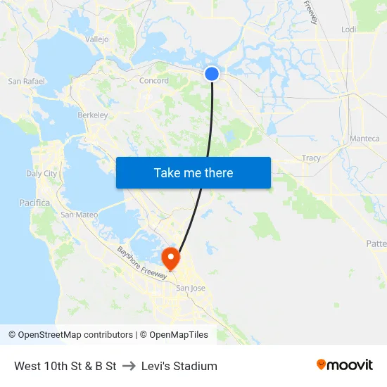 West 10th St & B St to Levi's Stadium map