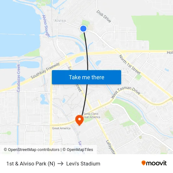 1st & Alviso Park (N) to Levi's Stadium map