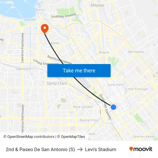 2nd & Paseo De San Antonio (S) to Levi's Stadium map