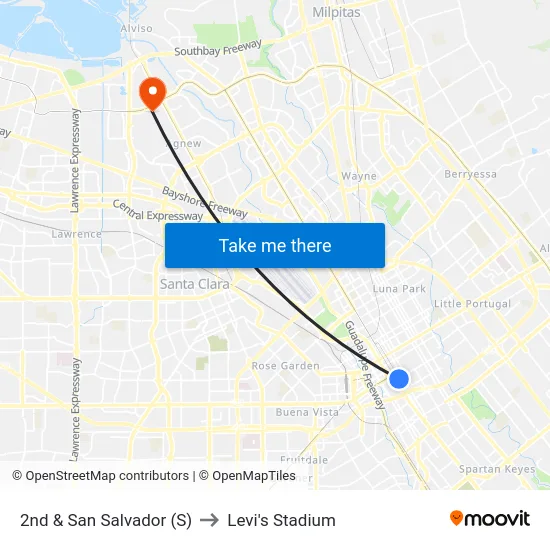 2nd & San Salvador (S) to Levi's Stadium map