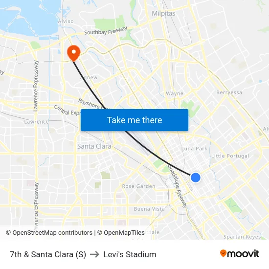 7th & Santa Clara (S) to Levi's Stadium map